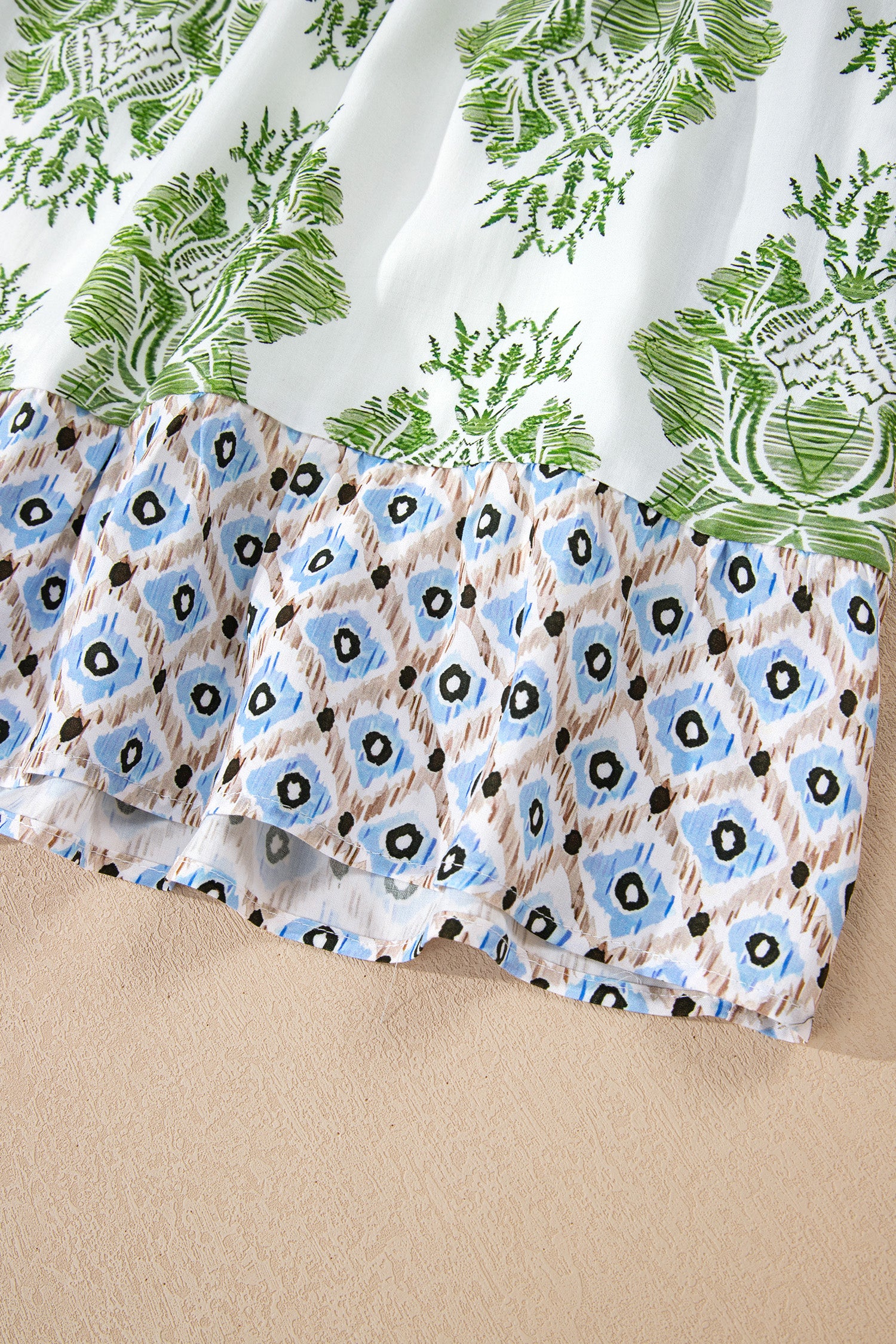 Green Floral Print Contrast Patchwork Ruffle Detail Mini Dress-TOPS / DRESSES-[Adult]-[Female]-2022 Online Blue Zone Planet