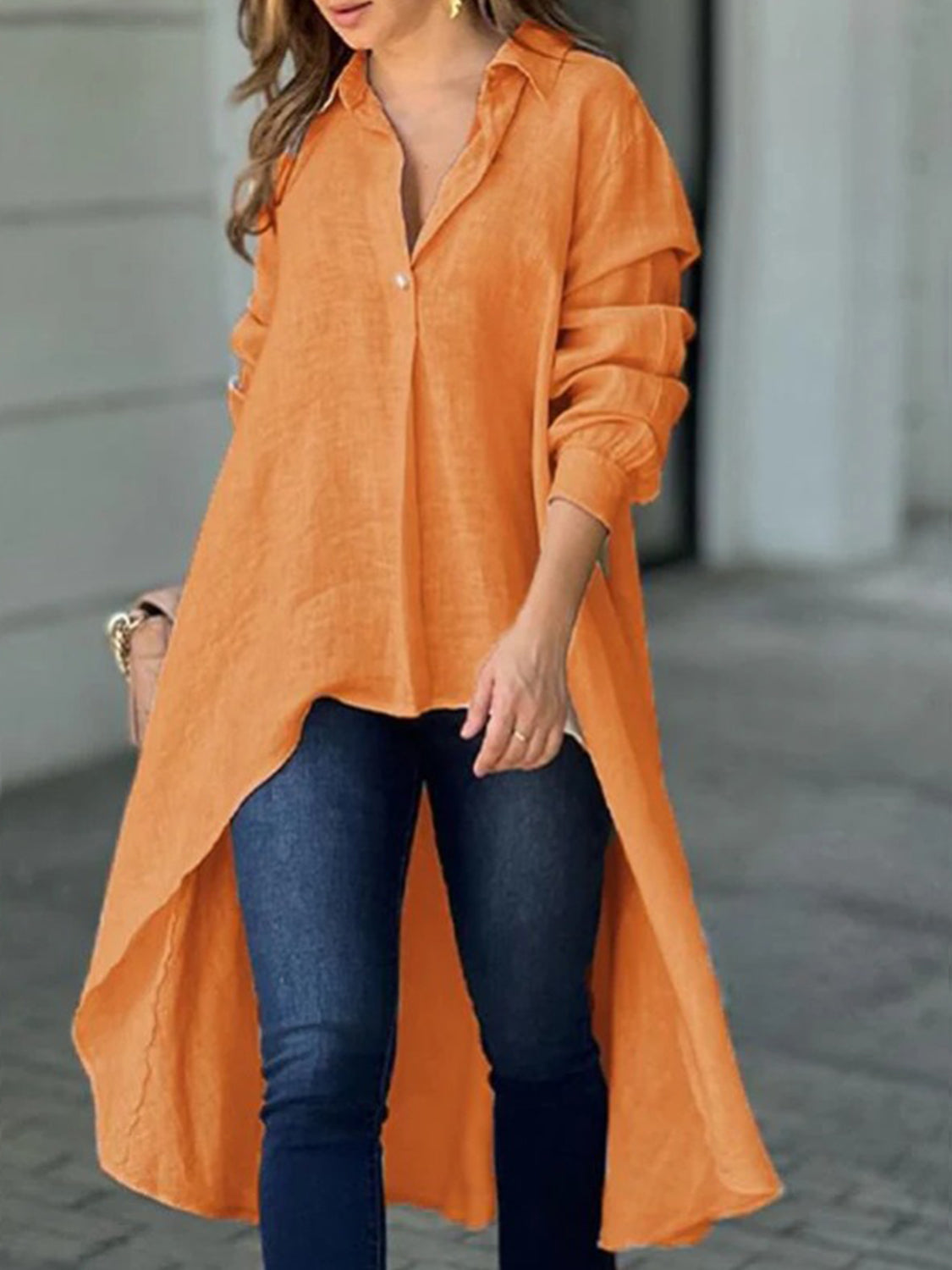 Full Size High-Low Collared Neck Long Sleeve Shirt-TOPS / DRESSES-[Adult]-[Female]-Tangerine-S-2022 Online Blue Zone Planet