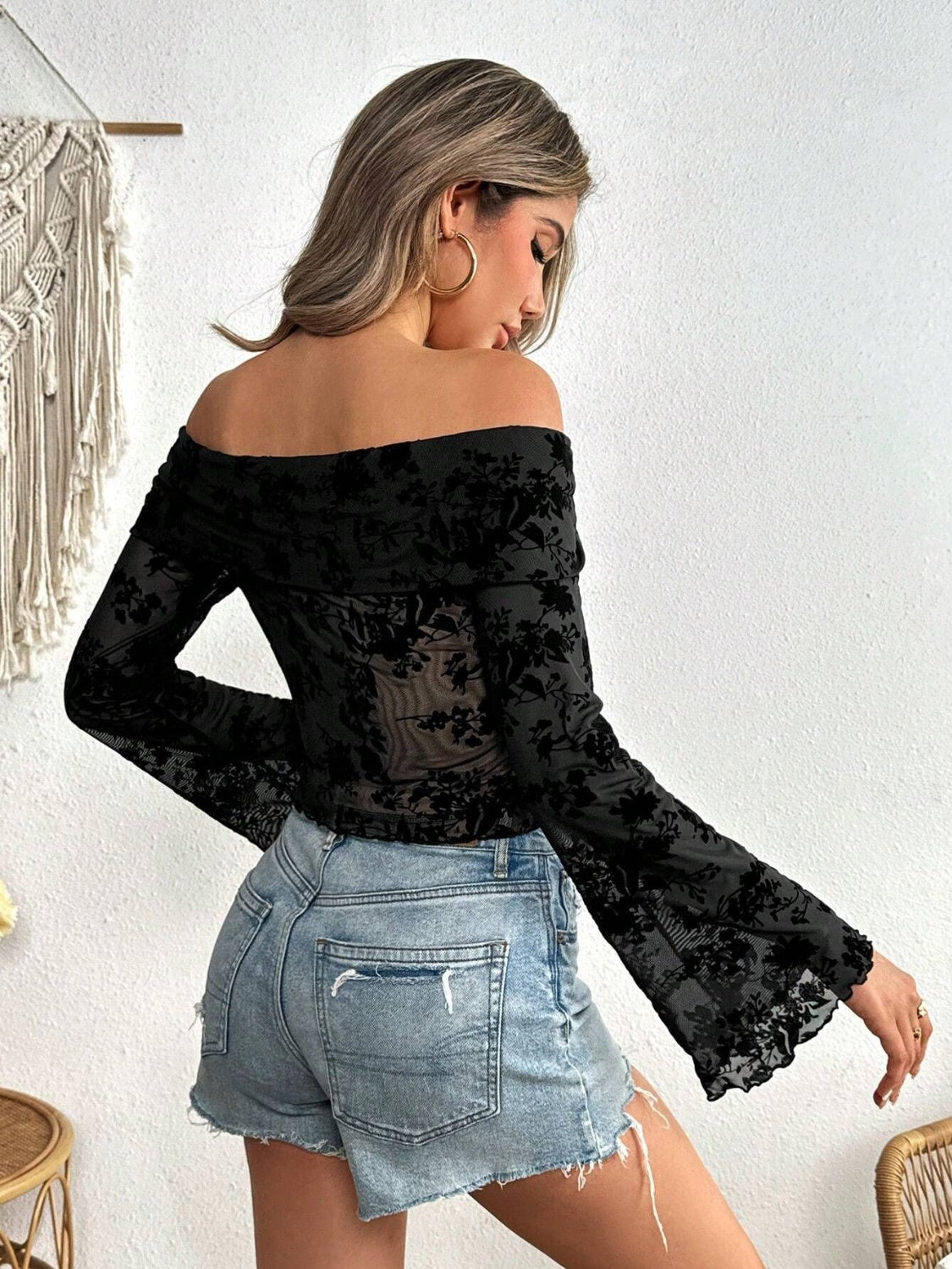 Off-Shoulder Flare Sleeve Lace Top-TOPS / DRESSES-[Adult]-[Female]-2022 Online Blue Zone Planet