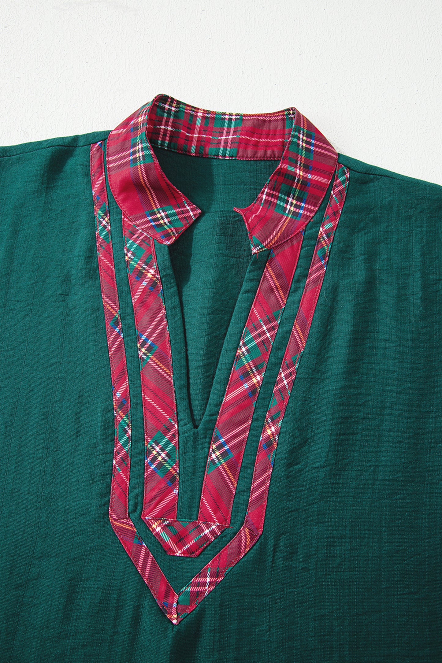 Evergreen Contrast Plaid Patchwork V Neck Half Sleeve Blouse-Tops/Blouses & Shirts-[Adult]-[Female]-2022 Online Blue Zone Planet