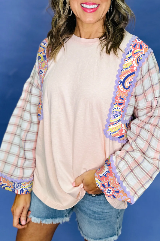 Delicacy Ricrac Trim Floral Plaid Patchwork Puff Sleeve Blouse-Tops/Blouses & Shirts-[Adult]-[Female]-Delicacy-S-2022 Online Blue Zone Planet