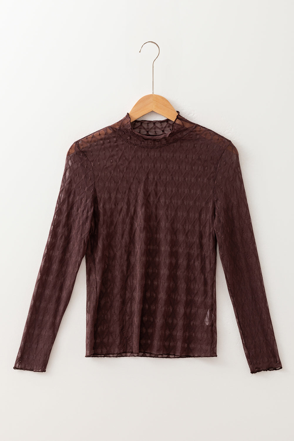 Coffee Sheer Mesh Patterned Lettuce Trim Slim Long Sleeve Top-Tops/Long Sleeve Tops-[Adult]-[Female]-2022 Online Blue Zone Planet