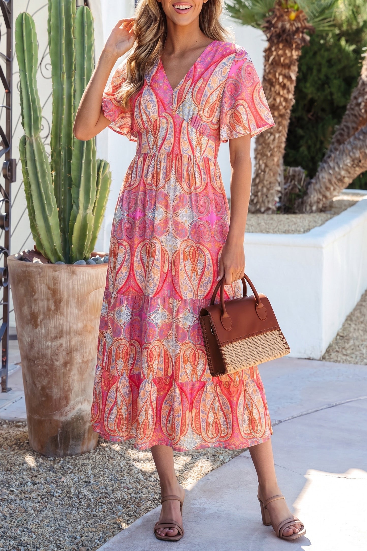 Multicolour Paisley Print V-Neck Short Sleeve Boho Maxi Dress with Ruffle Details-TOPS / DRESSES-[Adult]-[Female]-2022 Online Blue Zone Planet