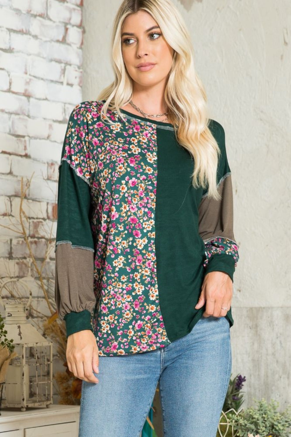 Celeste Full Size Floral Color Block Exposed Seam T-Shirt-TOPS / DRESSES-[Adult]-[Female]-2022 Online Blue Zone Planet