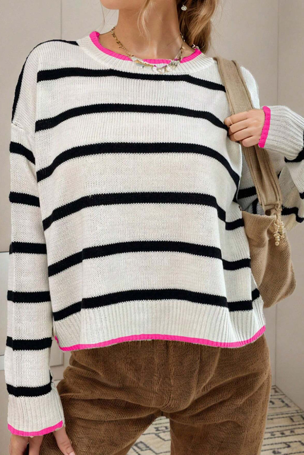 Blue Zone Planet | White Stripe Color Contrast Drop Shoulder Crew Neck Sweater-Sweaters & Cardigans/Sweaters-[Adult]-[Female]-White Stripe-S-2022 Online Blue Zone Planet