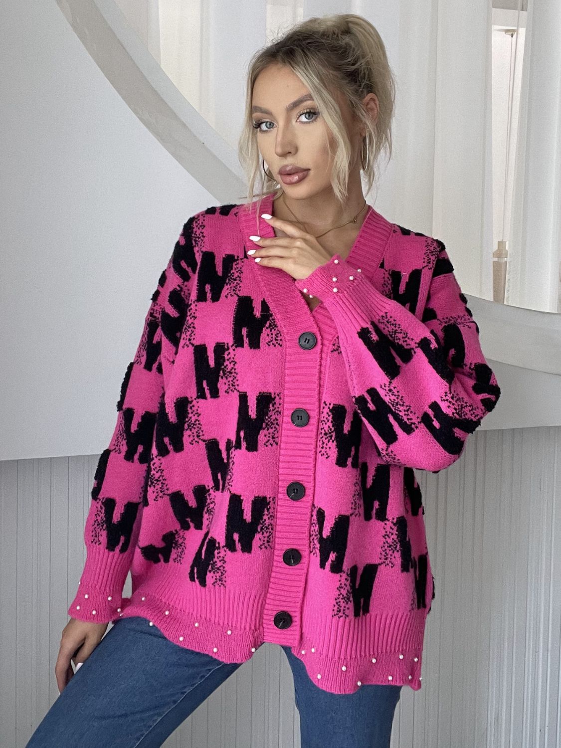 Pearl Trim V-Neck Button Up Cardigan-TOPS / DRESSES-[Adult]-[Female]-Hot Pink-One Size-2022 Online Blue Zone Planet