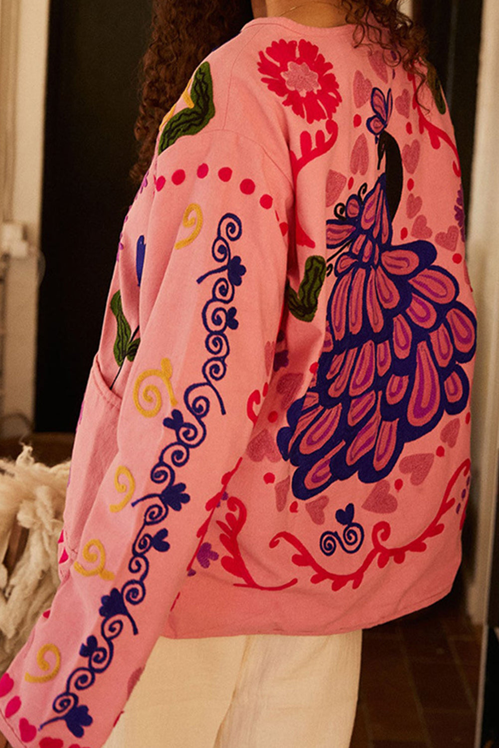 Pink Ethnic Floral Side Pockets Coat-Coats-[Adult]-[Female]-2022 Online Blue Zone Planet