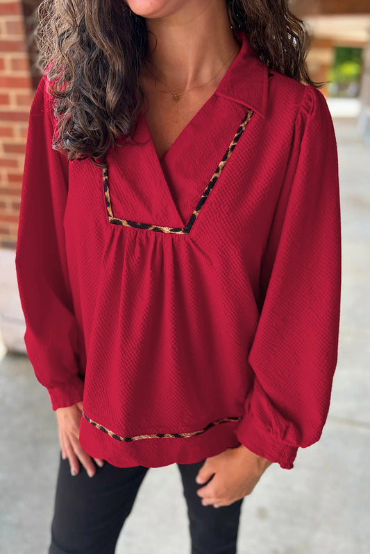 Fiery Red Collar V Neck Leopard Contrasted Trim Textured Blouse-Tops/Blouses & Shirts-[Adult]-[Female]-Fiery Red-S-2022 Online Blue Zone Planet