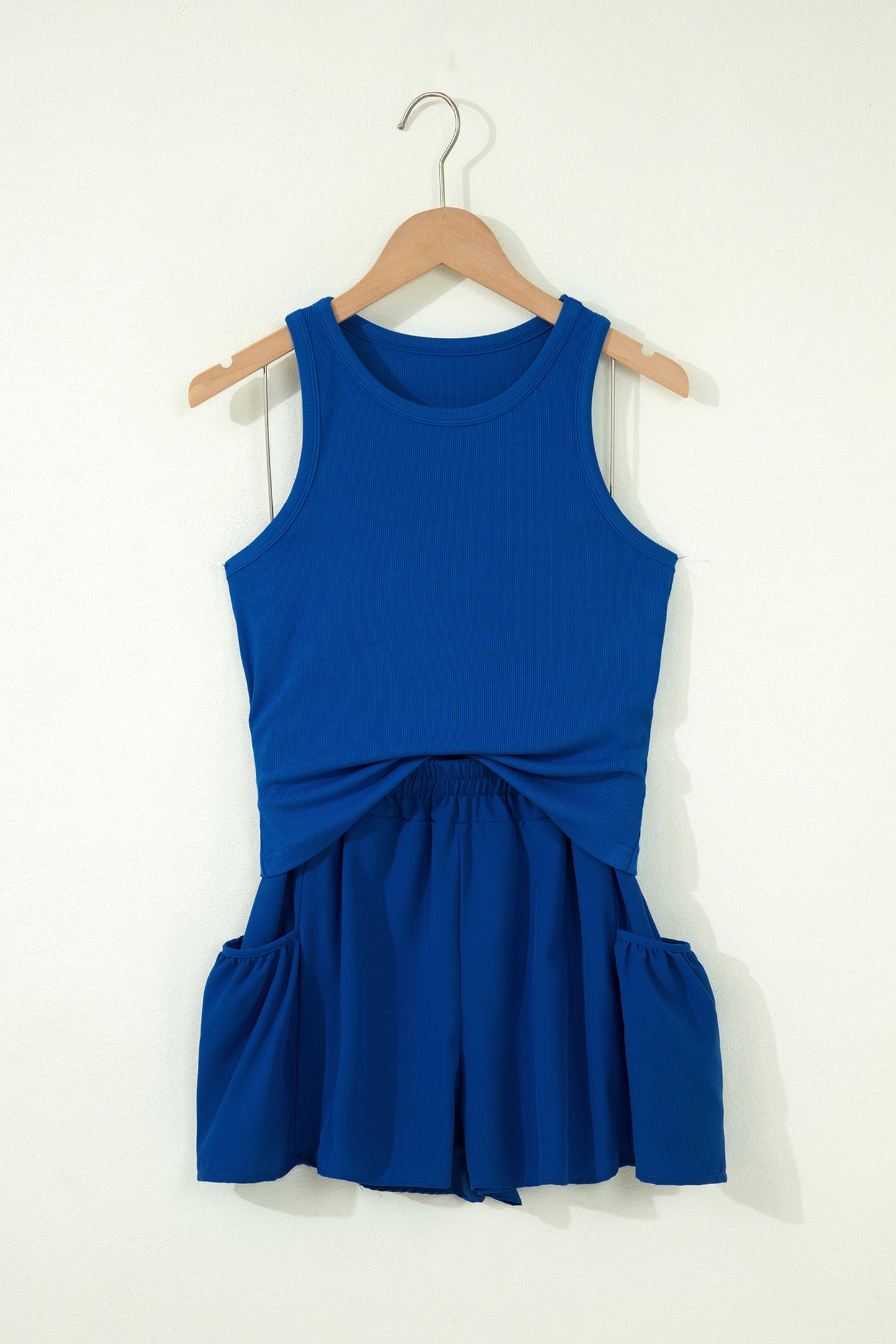 Dark Blue Ribbed Slim Tank Pocketed Wide Leg Shorts Set-Two Piece Sets/Short Sets-[Adult]-[Female]-2022 Online Blue Zone Planet
