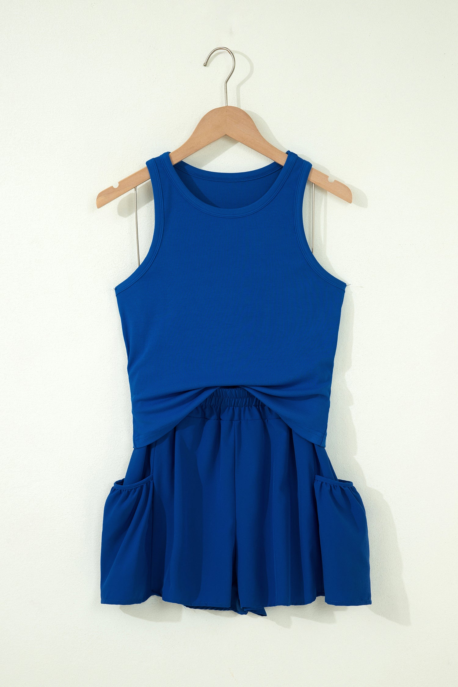 Dark Blue Ribbed Slim Tank Pocketed Wide Leg Shorts Set-Two Piece Sets/Short Sets-[Adult]-[Female]-2022 Online Blue Zone Planet