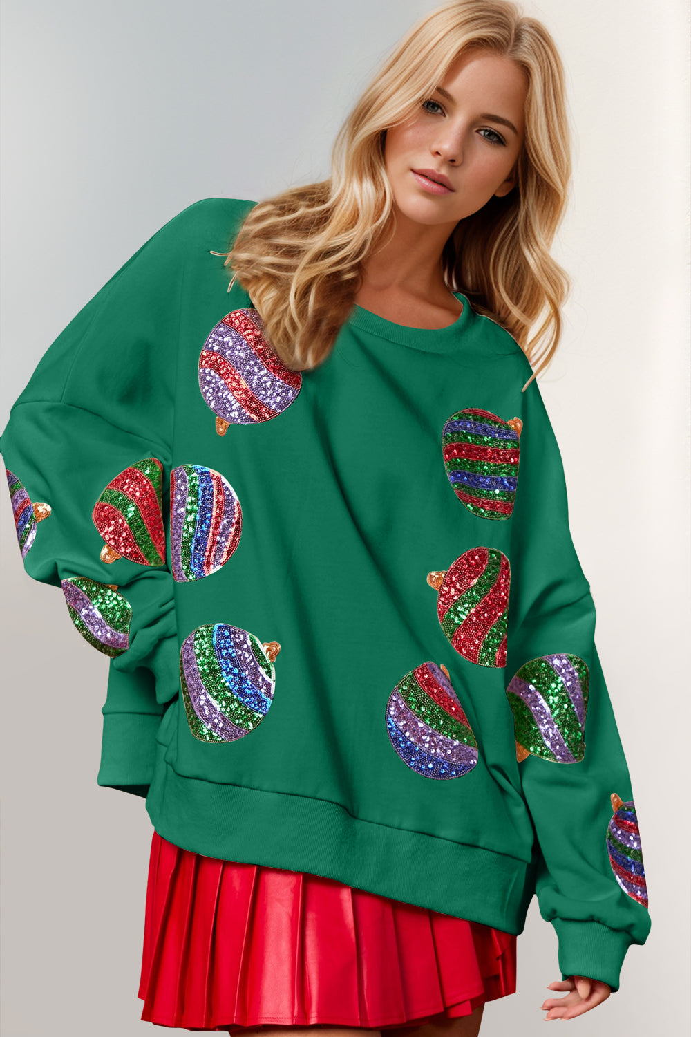 Blue Zone Planet | Double Take Christmas Element Sequin Round Neck Long Sleeve Sweatshirt-TOPS / DRESSES-[Adult]-[Female]-Dark Green-S-2022 Online Blue Zone Planet