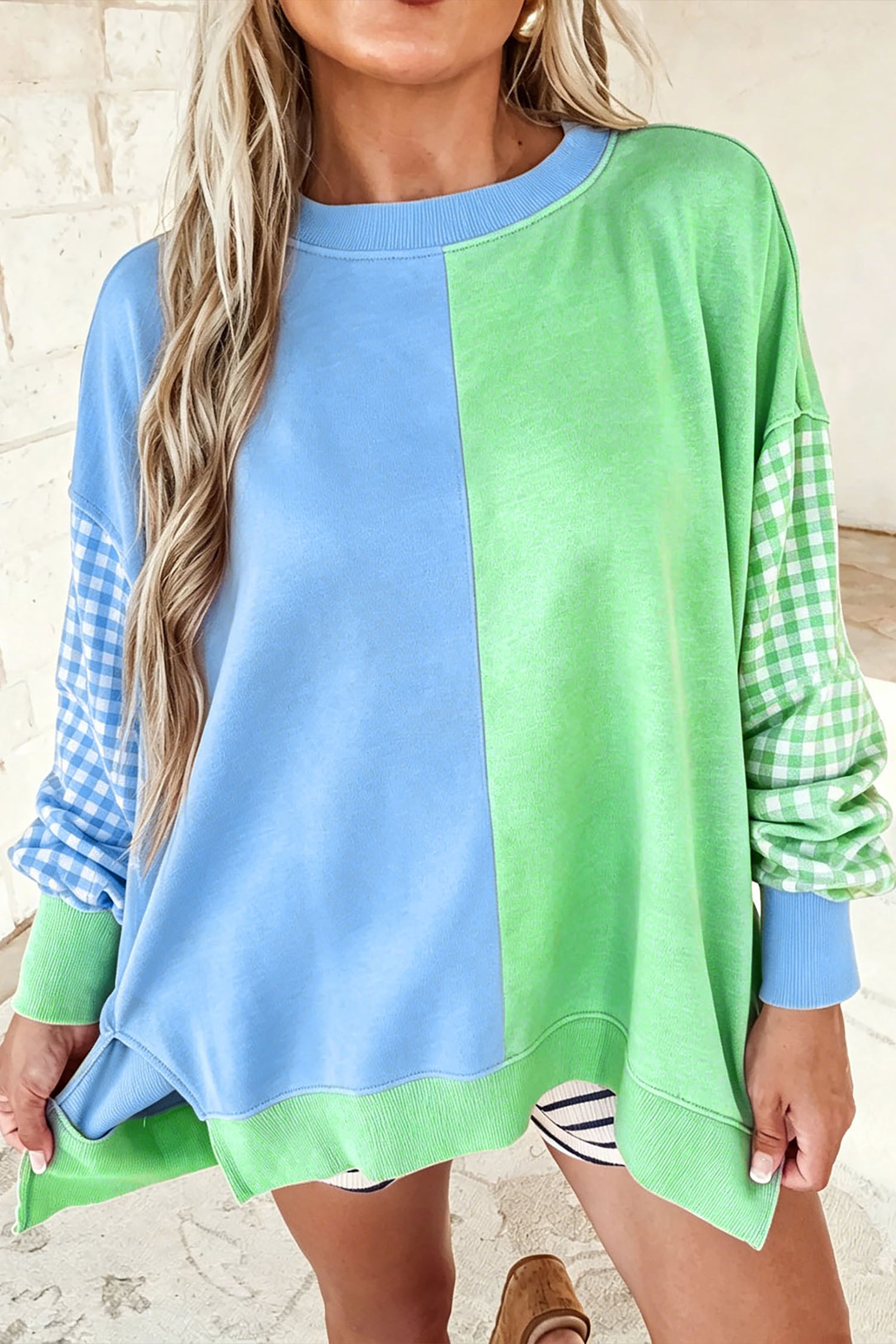 Light Blue Colorblock Gingham Sleeve Crewneck Sweatshirt-Tops/Sweatshirts & Hoodies-[Adult]-[Female]-Light Blue-S-2022 Online Blue Zone Planet