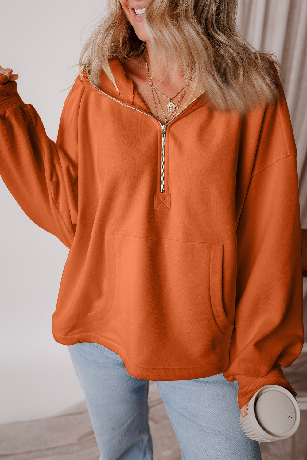 Pocketed Half Zip Dropped Shoulder Hoodie-HOODIES-[Adult]-[Female]-Orange-S-2022 Online Blue Zone Planet