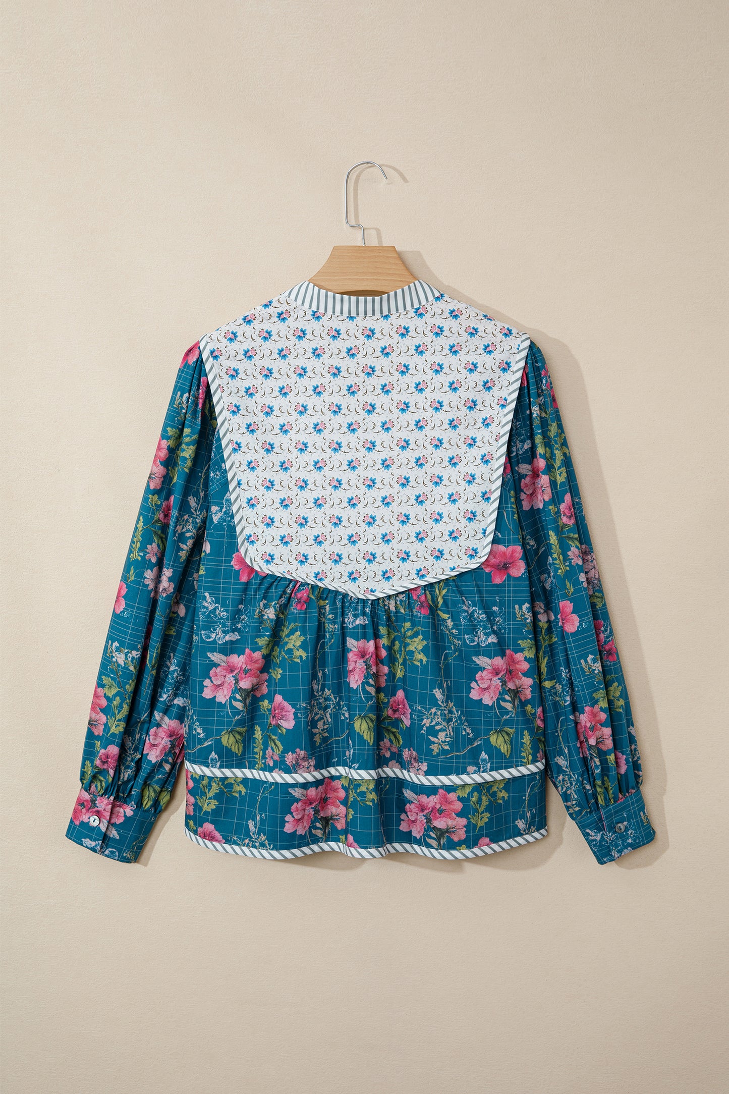 Sky Blue Floral Print Contrast Yoke Patchwork Striped Trim Long Puff Sleeve Blouse-Tops/Blouses & Shirts-[Adult]-[Female]-2022 Online Blue Zone Planet