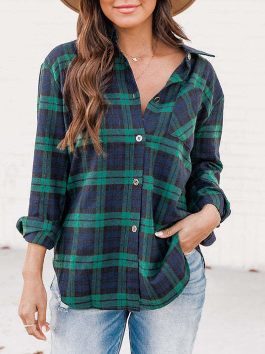 Plaid Collared Neck Long Sleeve Shirt-TOPS / DRESSES-[Adult]-[Female]-Deep Teal-S-2022 Online Blue Zone Planet