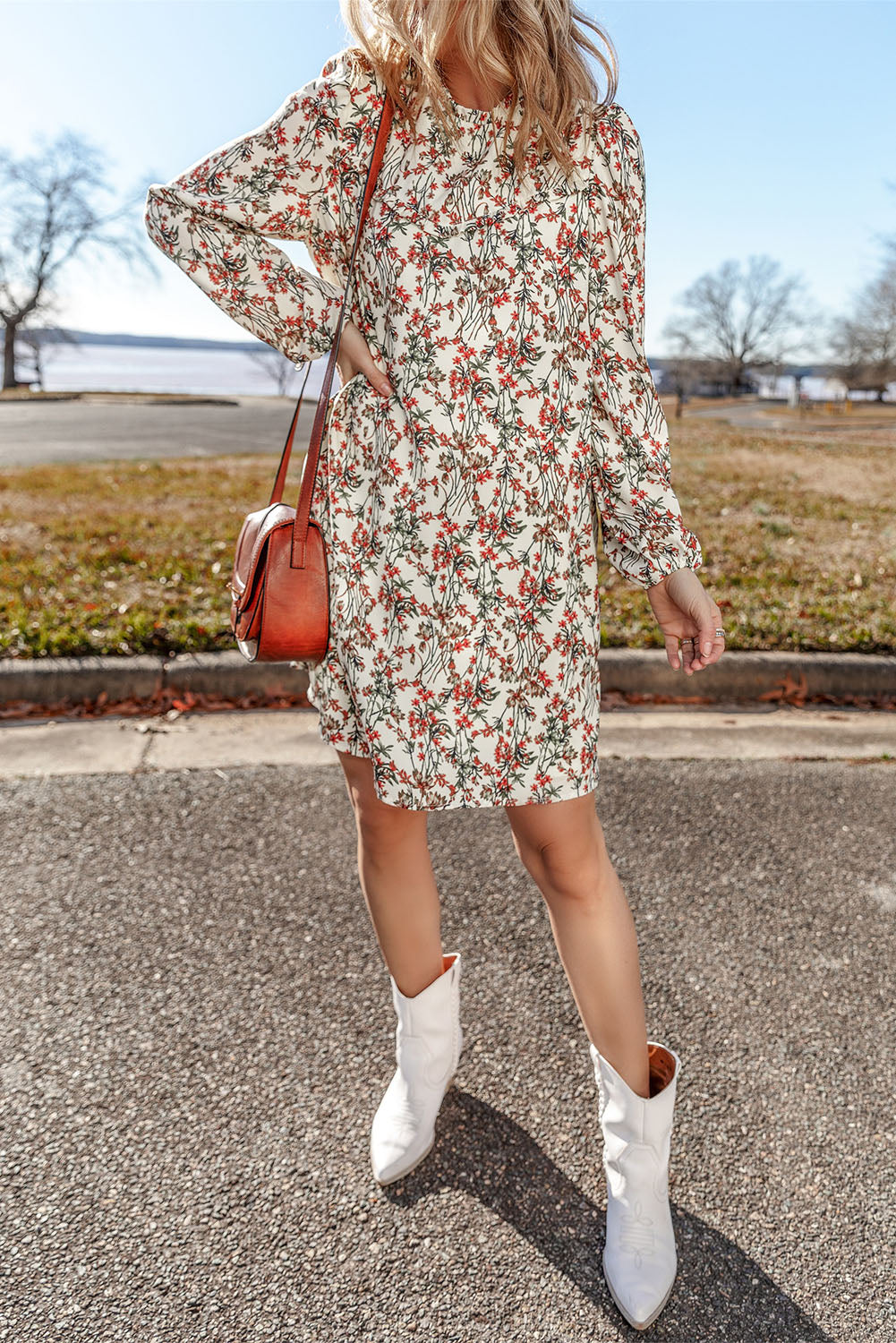 White Floral Printed Long Sleeve Mini Dress-Dresses/Floral Dresses-[Adult]-[Female]-2022 Online Blue Zone Planet