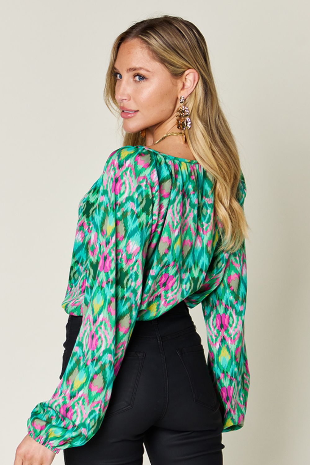 Blue Zone Planet | Double Take Full Size Printed Balloon Sleeve Blouse-TOPS / DRESSES-[Adult]-[Female]-2022 Online Blue Zone Planet