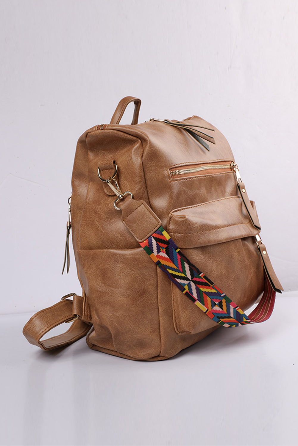 Chestnut Geometric Crochet Strap PU Leather Large Backpack-Backpacks-[Adult]-[Female]-2022 Online Blue Zone Planet