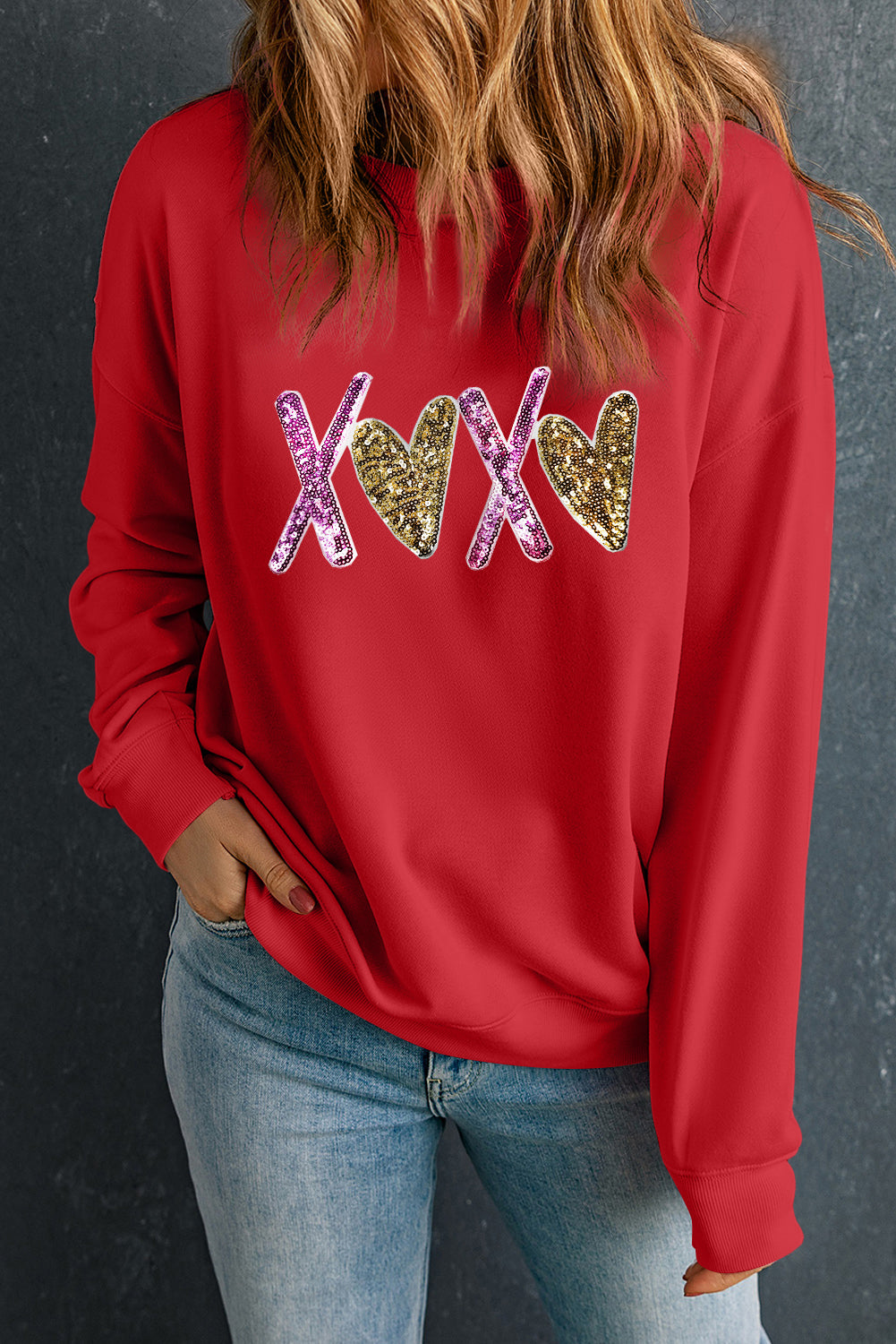 Red Heart XOXO Graphic Crewneck Valentines Pullover Sweatshirt-Graphic Sweatshirts-[Adult]-[Female]-2022 Online Blue Zone Planet