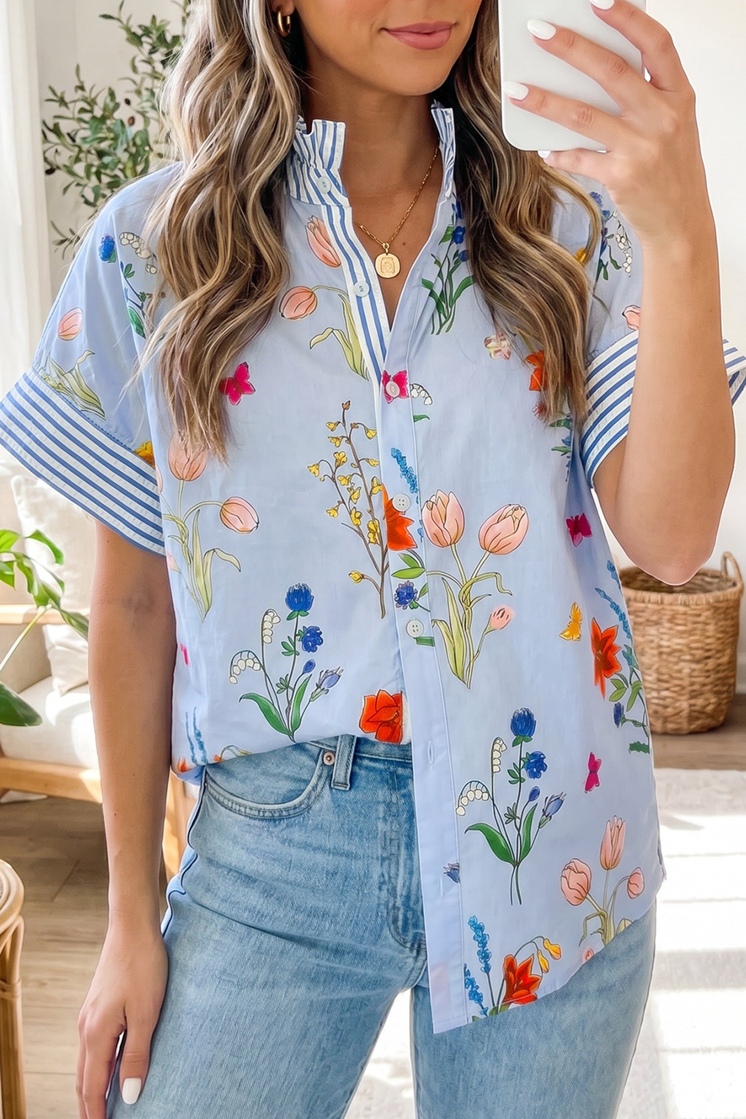 Beige Floral Striped Patchwork Ruffled Collar Short Sleeve Shirt-Tops/Blouses & Shirts-[Adult]-[Female]-2022 Online Blue Zone Planet