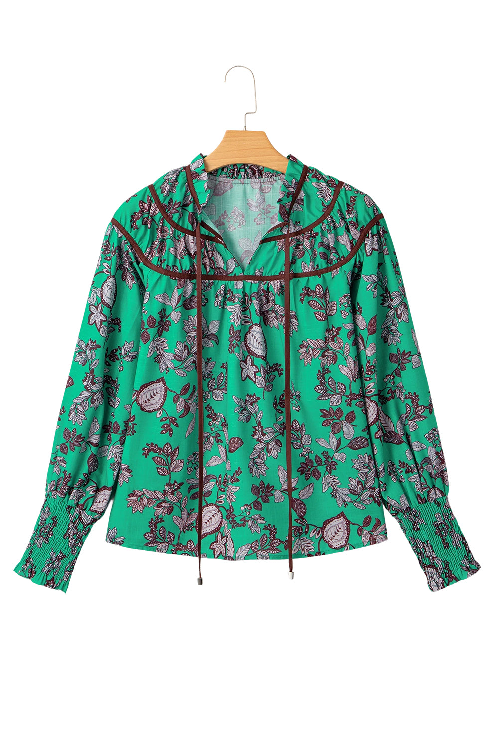 Green Leaves Print Contrast Trim V Neck Shirred Puff Sleeve Blouse-Tops/Blouses & Shirts-[Adult]-[Female]-2022 Online Blue Zone Planet