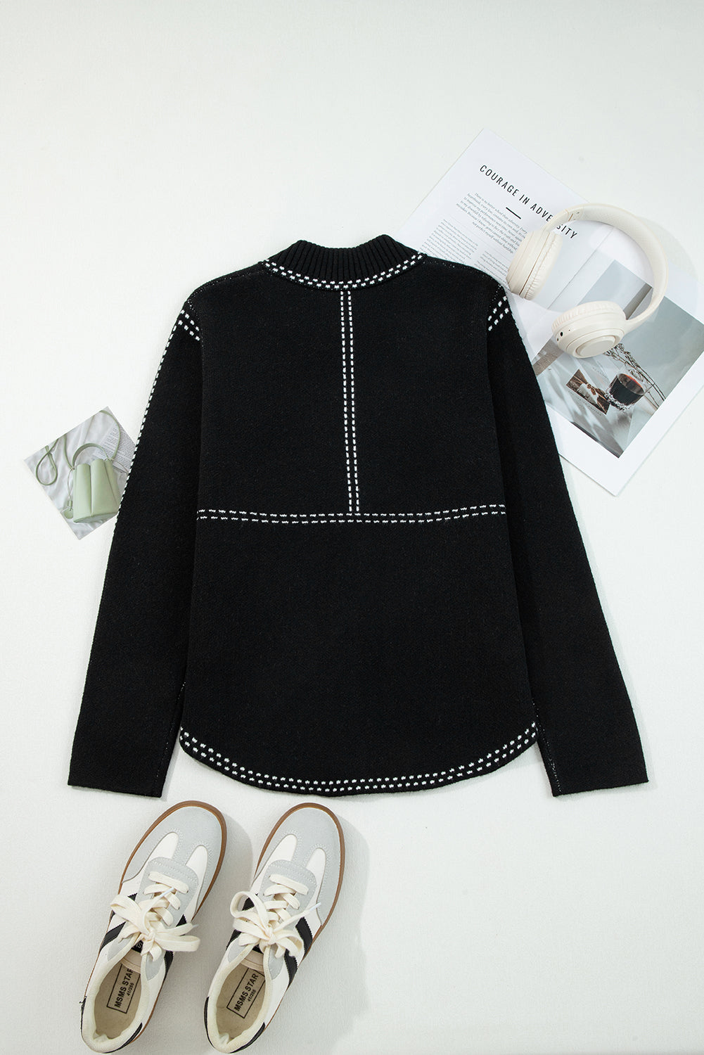 Black Contrast Trim Button up Sweater Cardigan-Sweaters & Cardigans/Cardigans-[Adult]-[Female]-2022 Online Blue Zone Planet