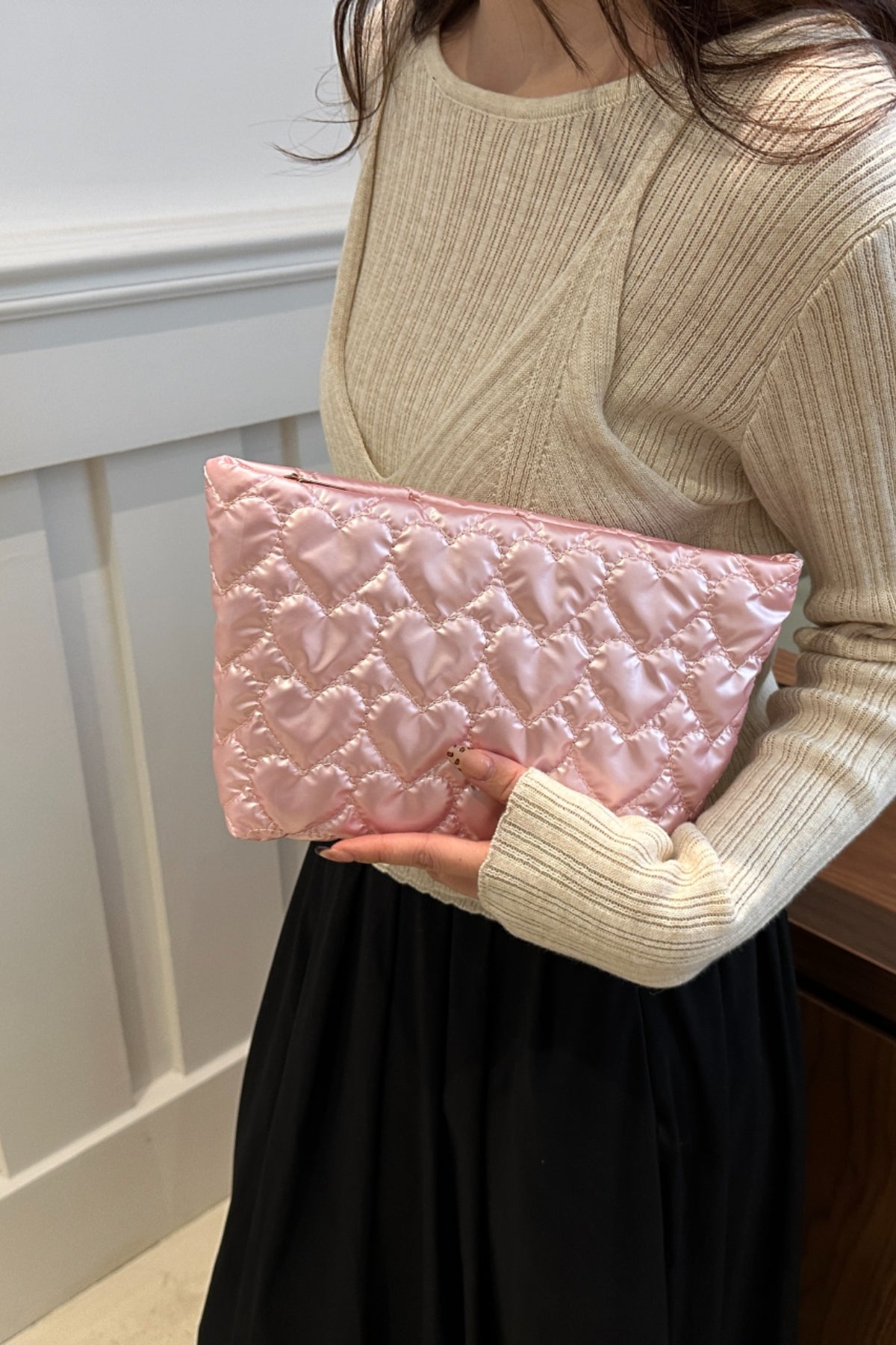 Ruched Heart Clutch with Zipper-HANDBAGS-[Adult]-[Female]-Pink-One Size-2022 Online Blue Zone Planet