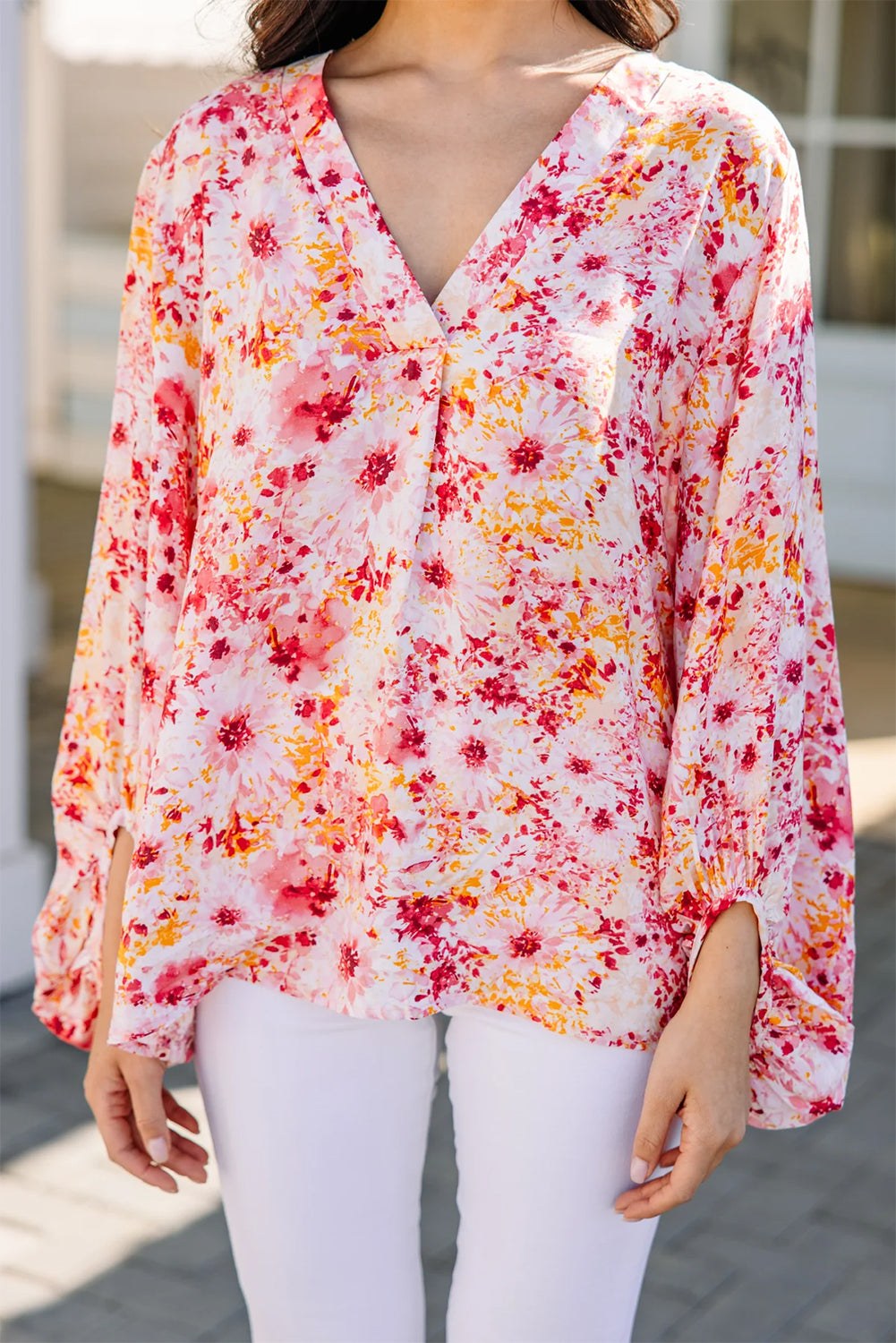 Pink Ditsy Floral Bubble Sleeve V Neck Blouse-Tops/Blouses & Shirts-[Adult]-[Female]-2022 Online Blue Zone Planet