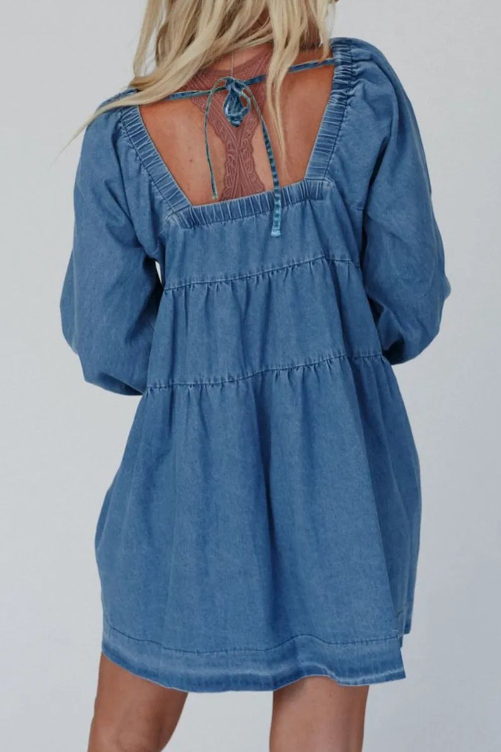 Tied Square Neck Long Sleeve Denim Dress with Pockets-TOPS / DRESSES-[Adult]-[Female]-2022 Online Blue Zone Planet