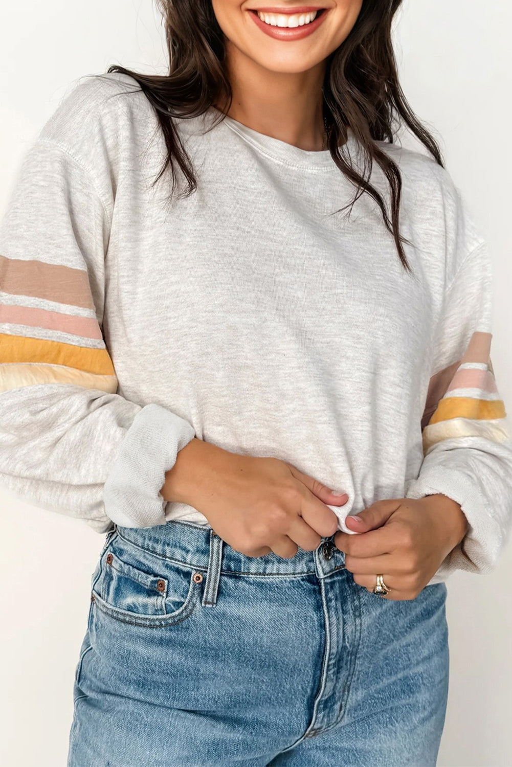 Light Grey Multicolored Striped Patchwork Drop Shoulder Sweatshirt-Tops/Sweatshirts & Hoodies-[Adult]-[Female]-2022 Online Blue Zone Planet