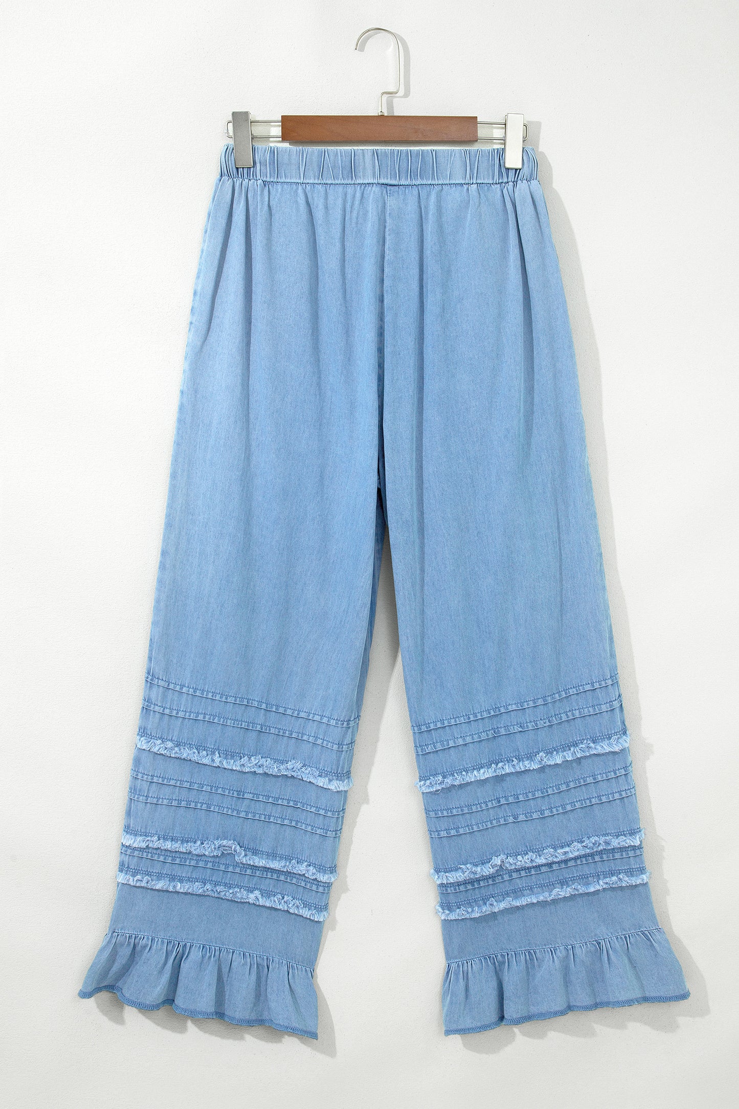 Beau Blue Ruffled Hem Wide Leg Chambray Pants-Bottoms/Jeans-[Adult]-[Female]-2022 Online Blue Zone Planet