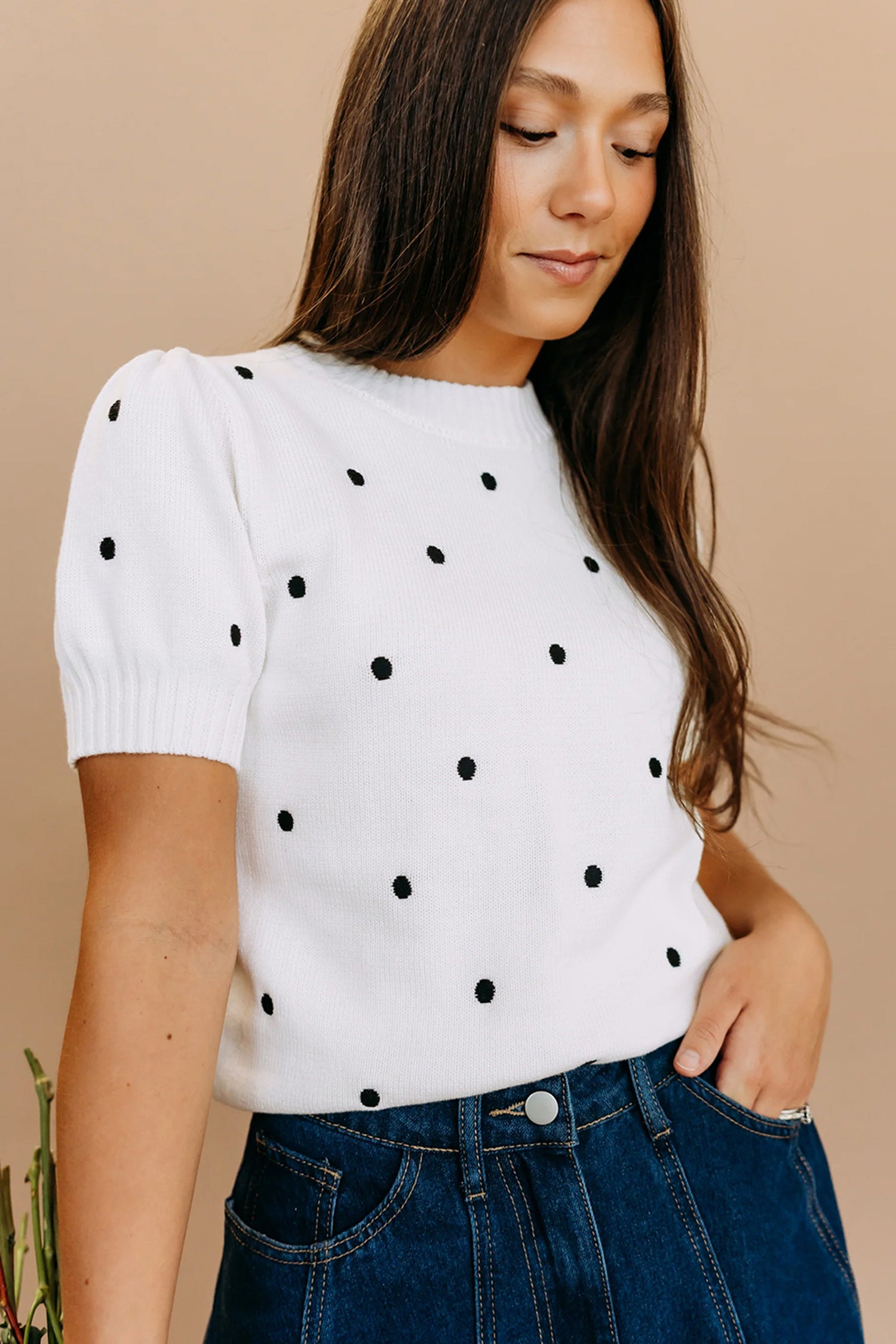 White Elegant Polka Dot Bubble Short Sleeve Sweater-TOPS / DRESSES-[Adult]-[Female]-2022 Online Blue Zone Planet