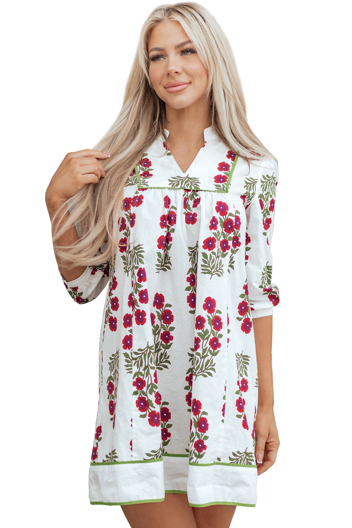 White Frilled V Neck 3/4 Sleeve Loose Floral Dress-TOPS / DRESSES-[Adult]-[Female]-2022 Online Blue Zone Planet