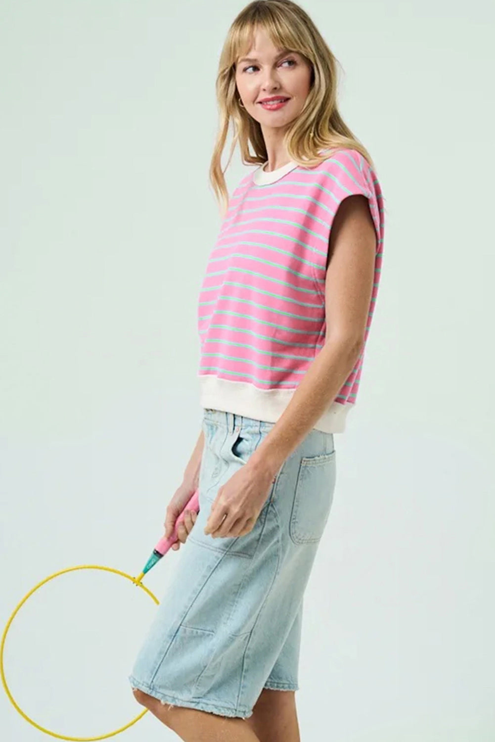 Sachet Pink Striped Crew Neck Cap Sleeve T Shirt-Tops/Tops & Tees-[Adult]-[Female]-2022 Online Blue Zone Planet