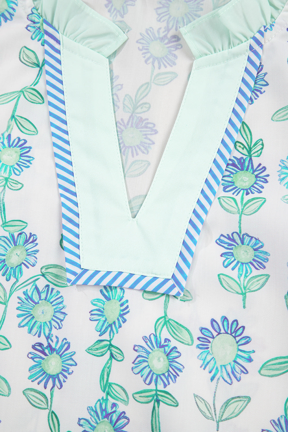 Green Floral Print Striped Detail Contrast V Neck Patchwork Flutter Sleeve Blouse-Tops/Blouses & Shirts-[Adult]-[Female]-2022 Online Blue Zone Planet