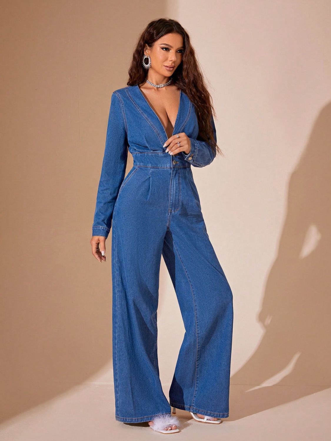 Plunge Long Sleeve Wide Leg Denim Jumpsuit-TOPS / DRESSES-[Adult]-[Female]-2022 Online Blue Zone Planet