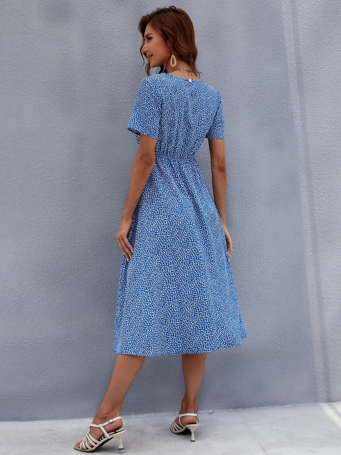 Printed Round Neck Short Sleeve Midi Dress-TOPS / DRESSES-[Adult]-[Female]-2022 Online Blue Zone Planet