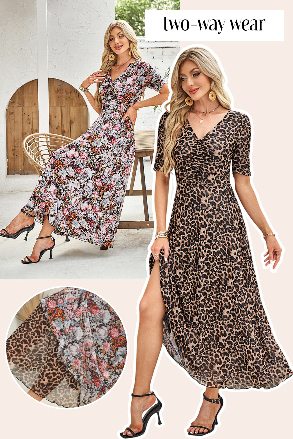 Brown Mesh Leopard Floral Reversible V Neck Short Sleeve Dress-TOPS / DRESSES-[Adult]-[Female]-Brown-S-2022 Online Blue Zone Planet
