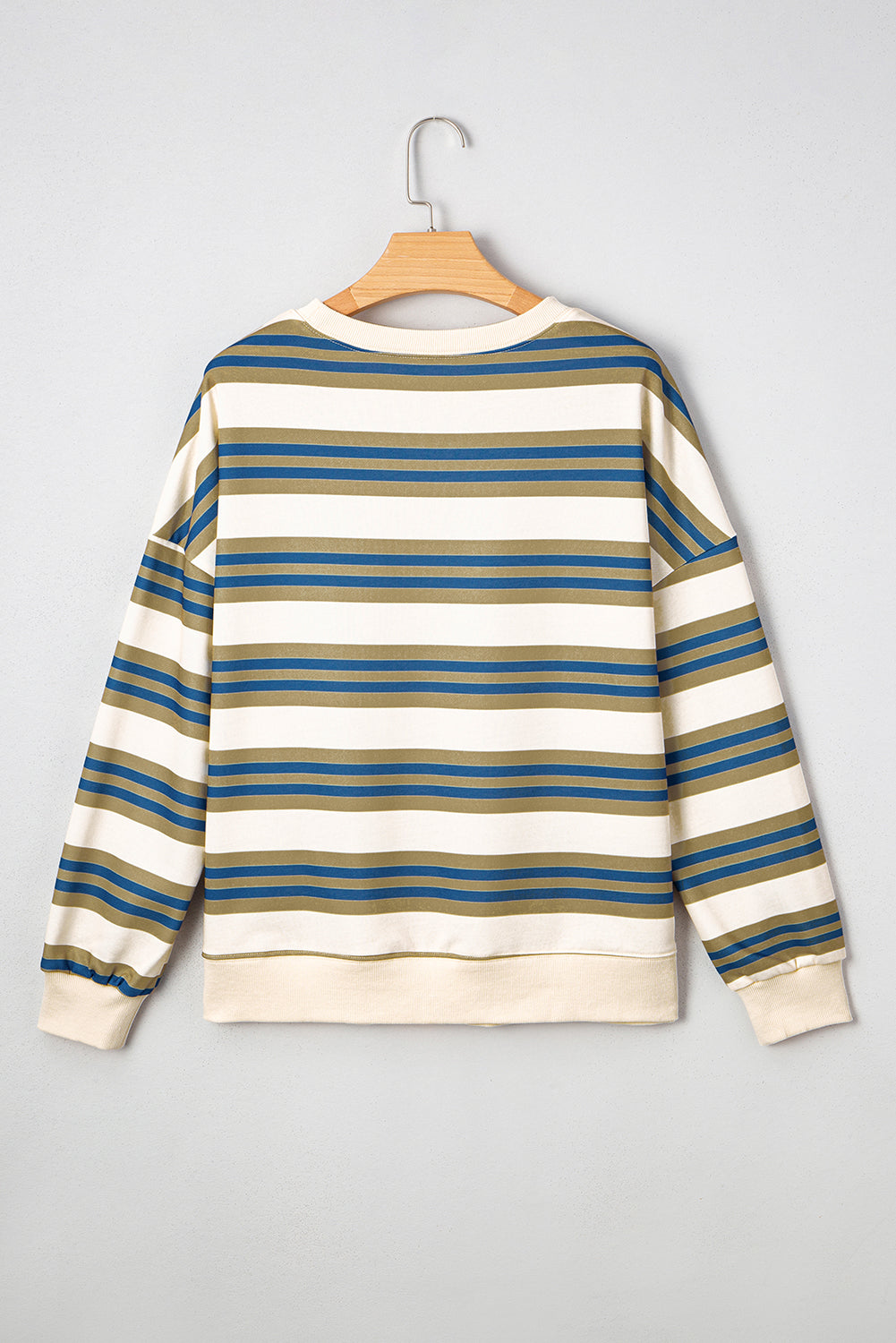 Khaki Stripe Crew Neck Drop Shoulder Pullover Sweatshirt-Tops/Sweatshirts & Hoodies-[Adult]-[Female]-2022 Online Blue Zone Planet