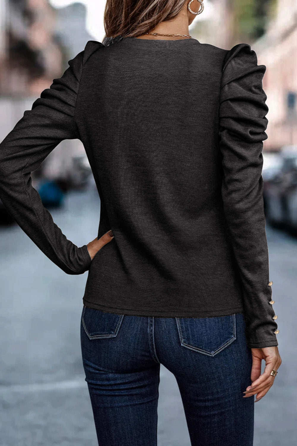 Black Buttoned Puff Long Sleeve Sheath Top-Tops/Long Sleeve Tops-[Adult]-[Female]-2022 Online Blue Zone Planet