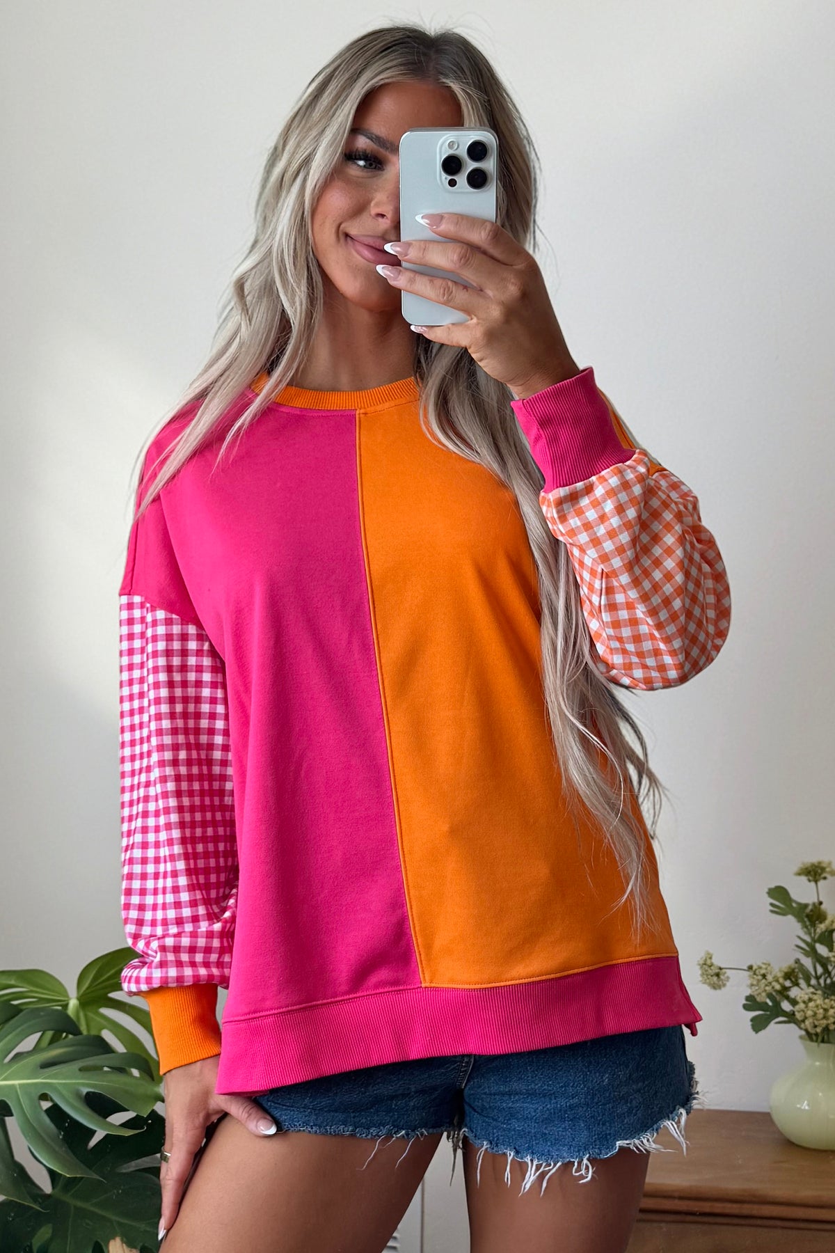 Rose Red Colorblock Gingham Sleeve Crewneck Sweatshirt-Tops/Sweatshirts & Hoodies-[Adult]-[Female]-2022 Online Blue Zone Planet