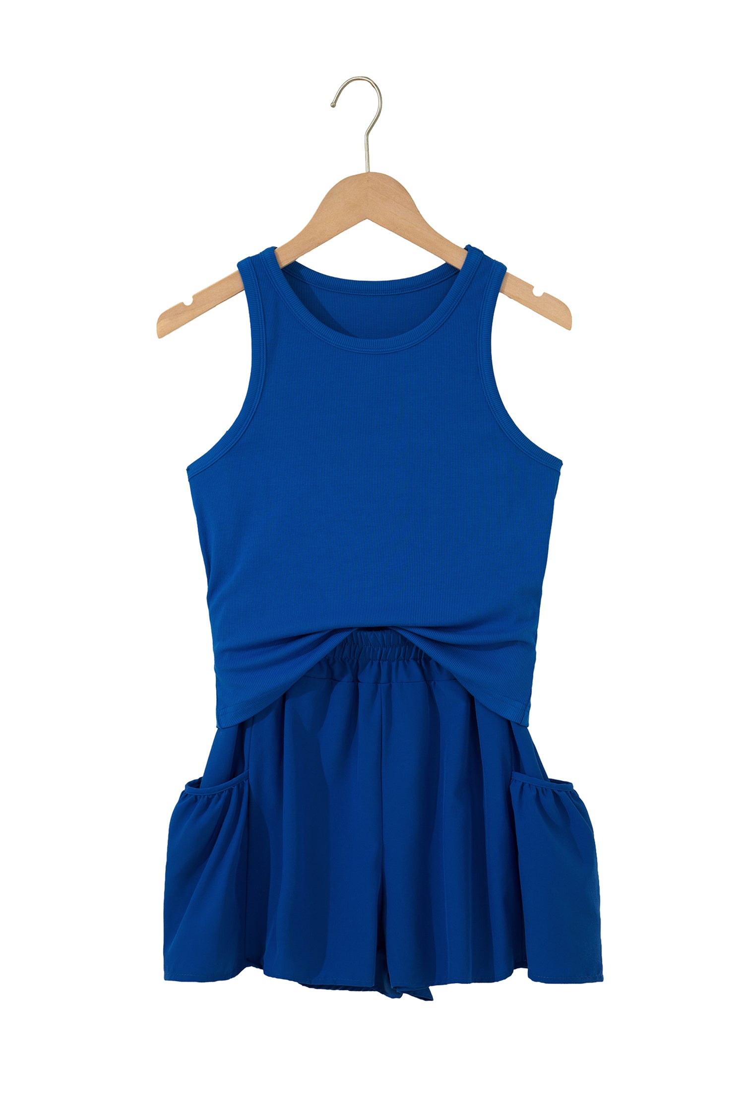 Dark Blue Ribbed Slim Tank Pocketed Wide Leg Shorts Set-Two Piece Sets/Short Sets-[Adult]-[Female]-2022 Online Blue Zone Planet