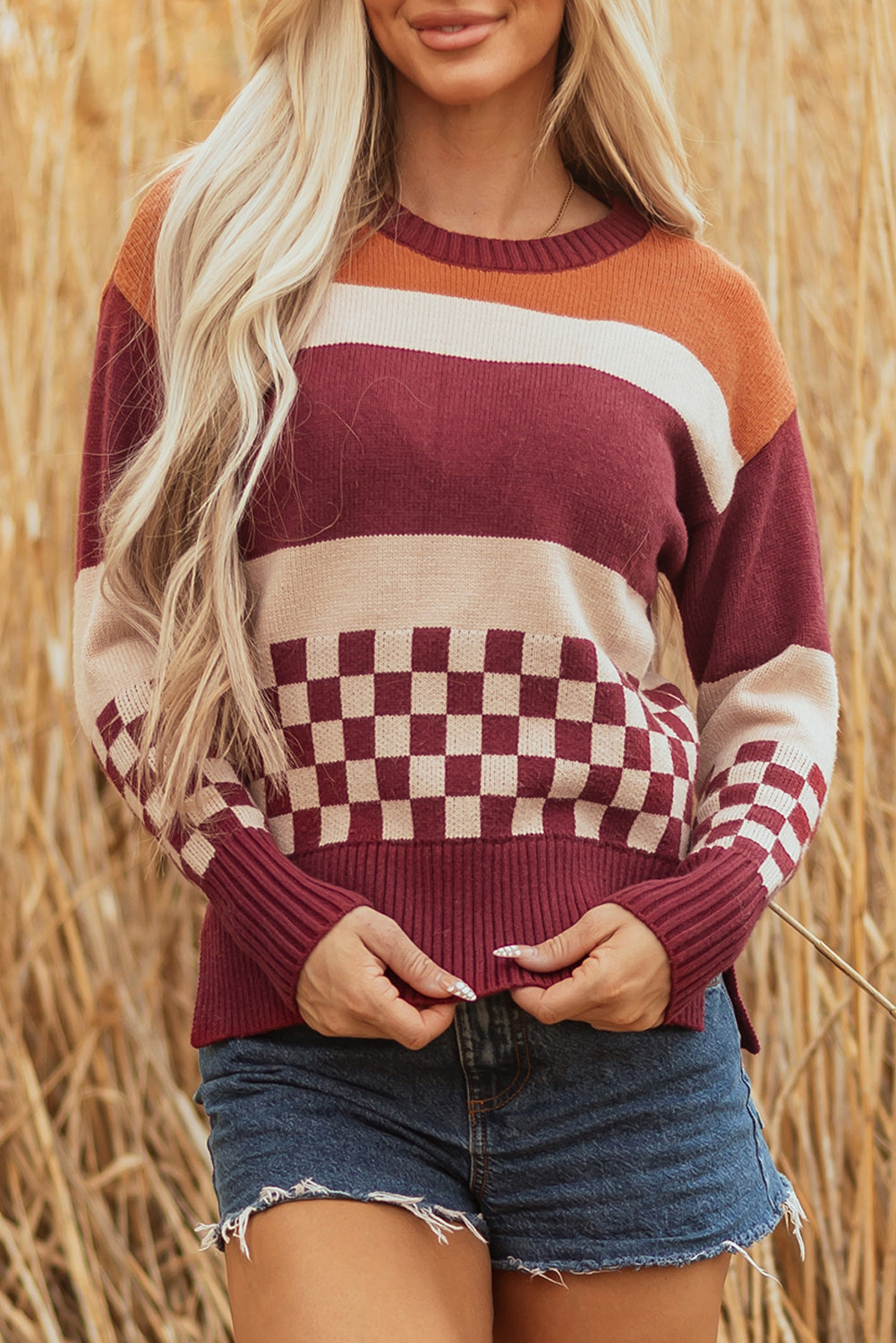 Brown Checkered Color Block Knitted Drop Shoulder Sweater-TOPS / DRESSES-[Adult]-[Female]-2022 Online Blue Zone Planet