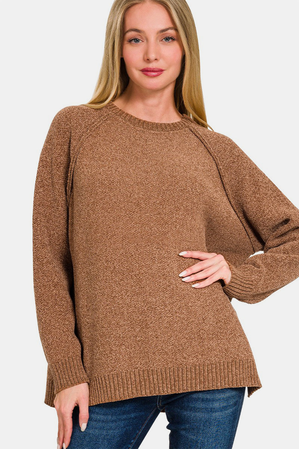 Blue Zone Planet | Zenana Side Slit Raglan Sleeve Sweater-TOPS / DRESSES-[Adult]-[Female]-Deep Camel-S-2022 Online Blue Zone Planet