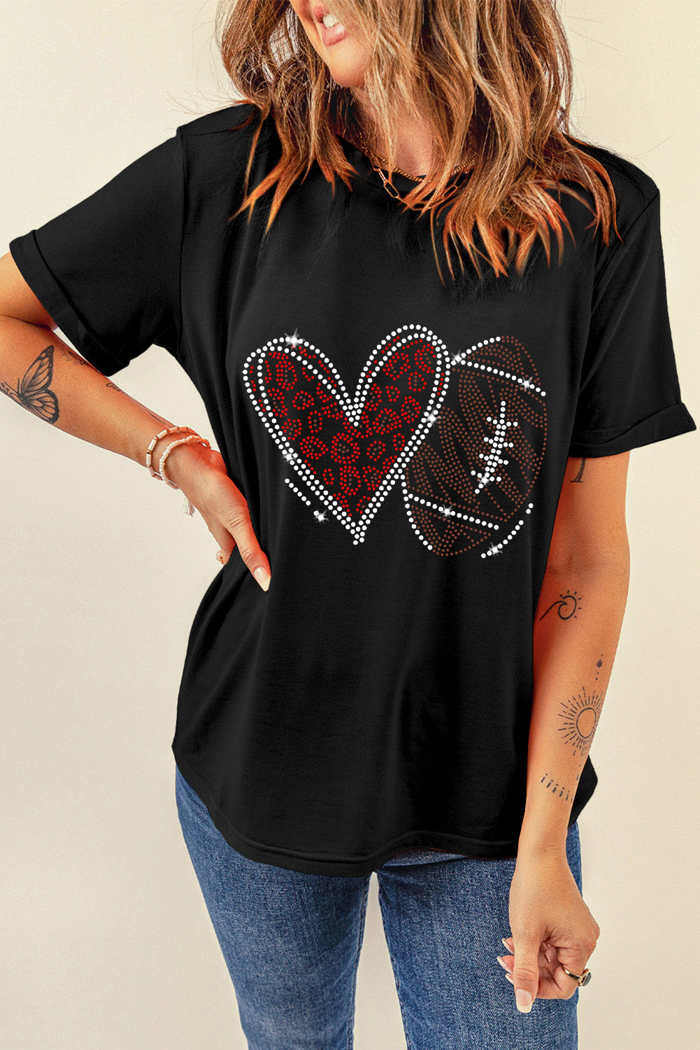 Black Rhinestone Rugby Football Heart Shape Graphic T Shirt-Graphic/Graphic Tees-[Adult]-[Female]-2022 Online Blue Zone Planet