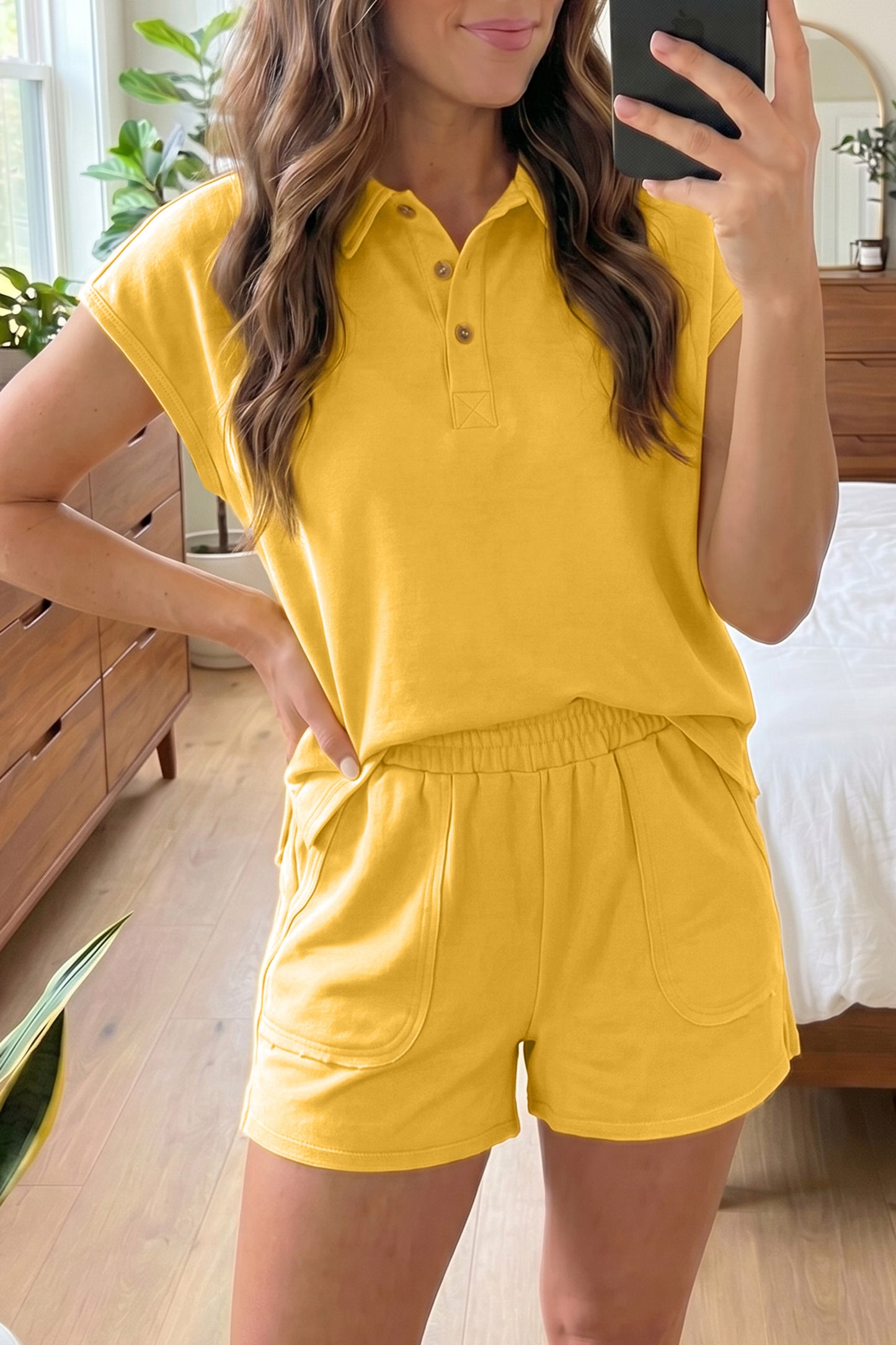 Banana Cream Loose Polo Tee Elastic Waist 2pcs Short Set-Two Piece Sets/Short Sets-[Adult]-[Female]-Banana Cream-S-2022 Online Blue Zone Planet