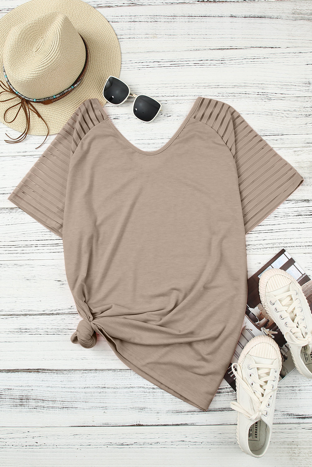 Khaki Striped Raglan Sleeve Plus Size Tee-Plus Size/Plus Size Tops/Plus Size Tops & Tees-[Adult]-[Female]-2022 Online Blue Zone Planet