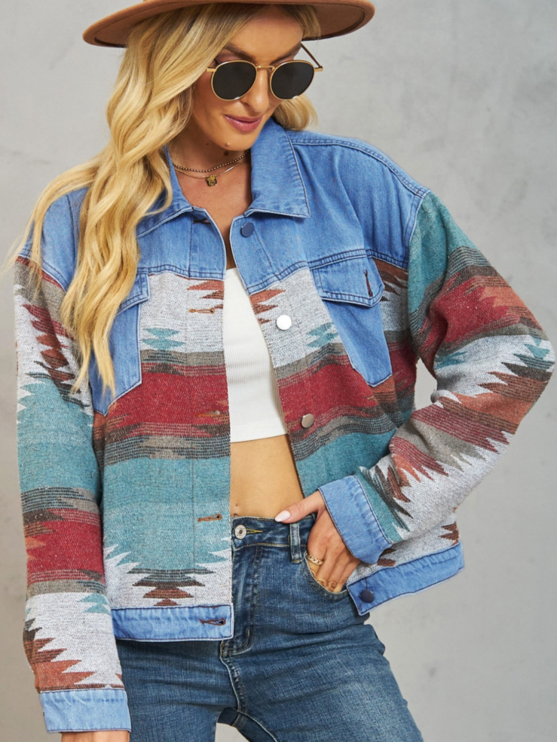 Blue Zone Planet | Geometric Button Up Dropped Shoulder Denim Jacket-TOPS / DRESSES-[Adult]-[Female]-2022 Online Blue Zone Planet