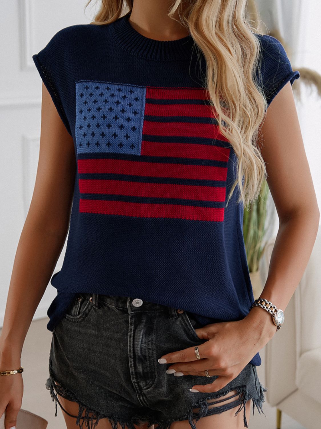 Blue Zone Planet | Devine US Flag Round Neck Sweater Vest-TOPS / DRESSES-[Adult]-[Female]-2022 Online Blue Zone Planet