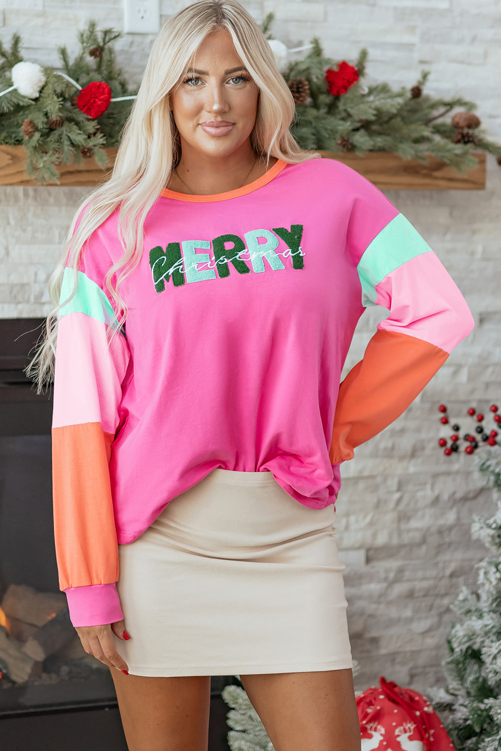 Blue Zone Planet | Rose Red Chenille MERRY Christmas Patched Colorblock Long Sleeve Top-Graphic/Graphic Long Sleeve Tees-[Adult]-[Female]-2022 Online Blue Zone Planet